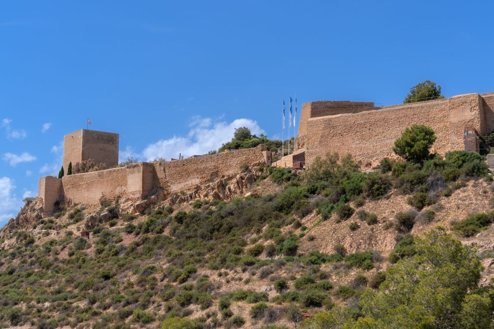 Stone medieval fortress walls and tower on a scrub-covered hillside